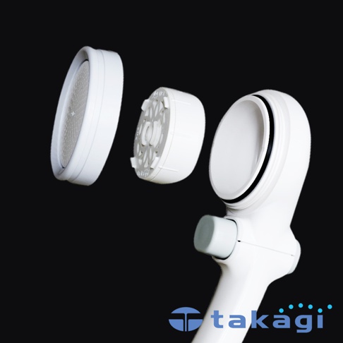 白色淨水Shower蓮蓬頭除氯濾芯組，由三個部分組成：一個帶有細密網格的圓形濾網、一個中央為濾芯的圓形組件，以及蓮蓬頭本體。