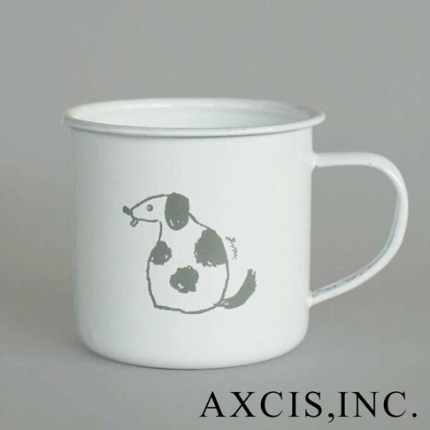 白色琺瑯馬克杯，印有灰色線條繪製的斑點狗圖案，帶有手柄。