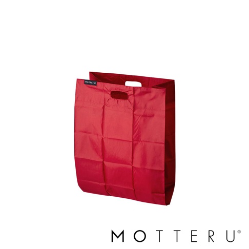 紅色迷你口袋摺疊環保隨行袋，採用尼龍材質，可折疊設計，方便攜帶。袋身有提把，正面有品牌標誌「MOTTERU」。
