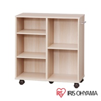 淺木紋開放式收納架，共四層隔間，頂部設有銀色把手，底部裝有四個黑色滾輪，方便移動。