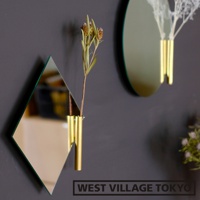 菱形鏡面壁掛花器，搭配金色金屬管狀花筒，內插乾燥植物，背景為深色牆面。