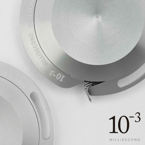 兩件鋁製卷尺，其中一件有「MADE IN JAPAN」和「MILLISECOND」字樣，另一件顯示「10⁻³ MILLISECOND」。
