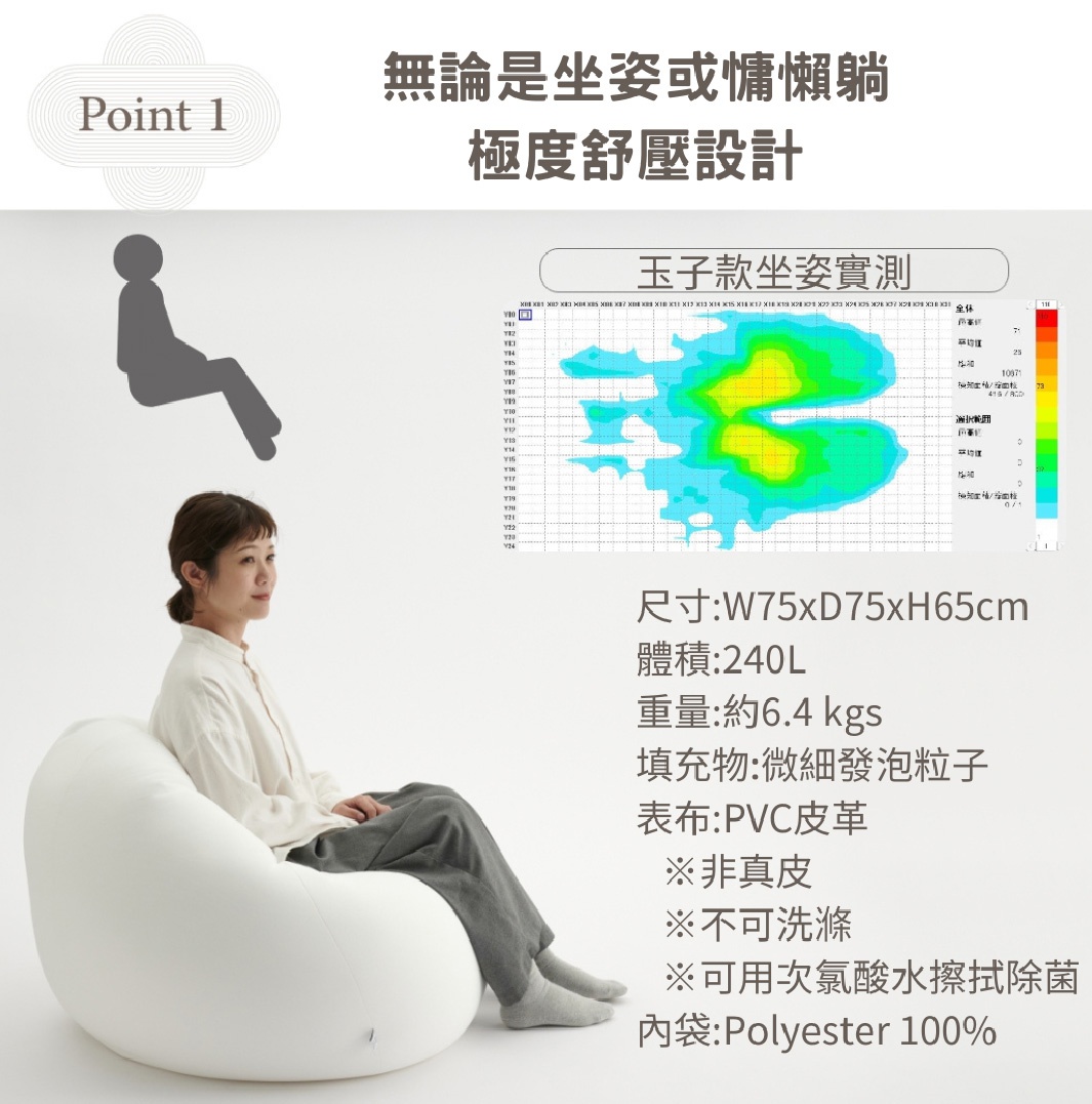 白色皮革款玉子型懶骨頭沙發，坐著一位女性，搭配側邊的產品規格文字說明。