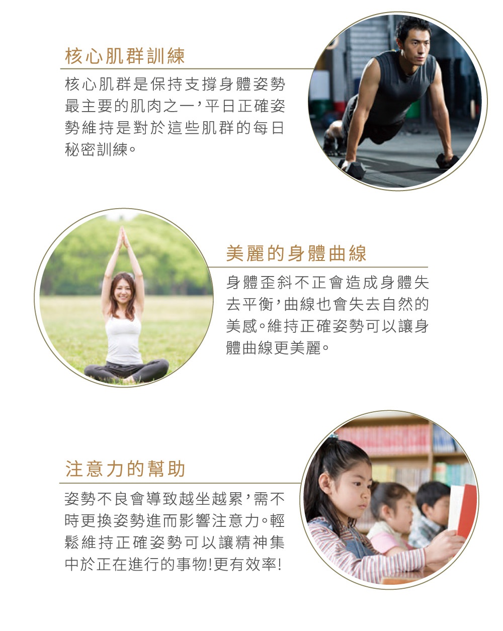 Chair PM 健康護脊座椅 雲感款，展示了男性做伏地挺身、女性練習瑜珈、以及孩童專注閱讀的場景，強調座椅對核心肌群訓練、身體曲線美化及提升專注力的幫助。