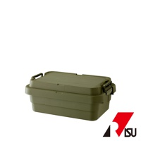 軍綠色TRUNK CARGO可堆疊多功能耐重收納箱50S，塑膠材質，帶有黑色提把和扣環。