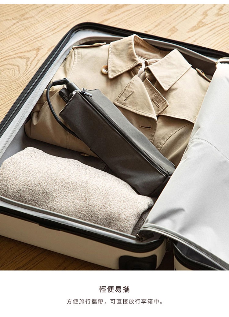 深灰色拉鍊隔熱收納袋，用於收納捲髮棒，置於淺卡其色風衣旁，一同收納於行李箱中。