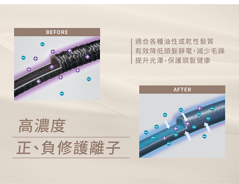 圖片顯示吹風機離子技術對頭髮的影響，左側標示BEFORE，顯示頭髮表面有正負離子，右側標示AFTER，顯示頭髮表面變得平順，正負離子被頭髮吸收，並有文字說明適合各種髮質，有效降低頭髮靜電，減少毛躁，提升光澤，保護頭髮健康。