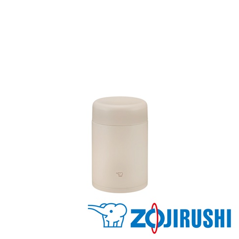 米白色不鏽鋼一體式杯蓋真空燜燒杯，具有簡約圓潤的設計，杯身印有象印標誌，適合攜帶食物。