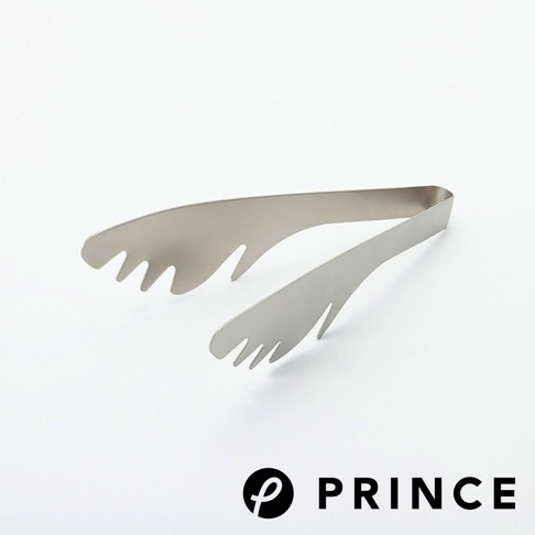 銀色不鏽鋼萬用料理麵食分菜夾，夾頭帶有梳狀齒紋，適合夾取麵條或小塊食物。