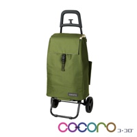 綠色輕量折疊購物車，配有黑色手柄和輪子，主體為帆布材質，設有可調節扣帶和側面口袋。