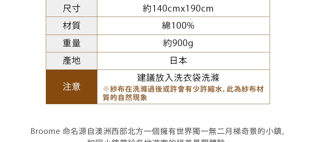 今治五層紗四季被，尺寸約140cm x 190cm，材質為100%棉，重量約900g，產地日本。注意事項建議放入洗衣袋清洗，紗布材質洗滌後可能會有輕微縮水。