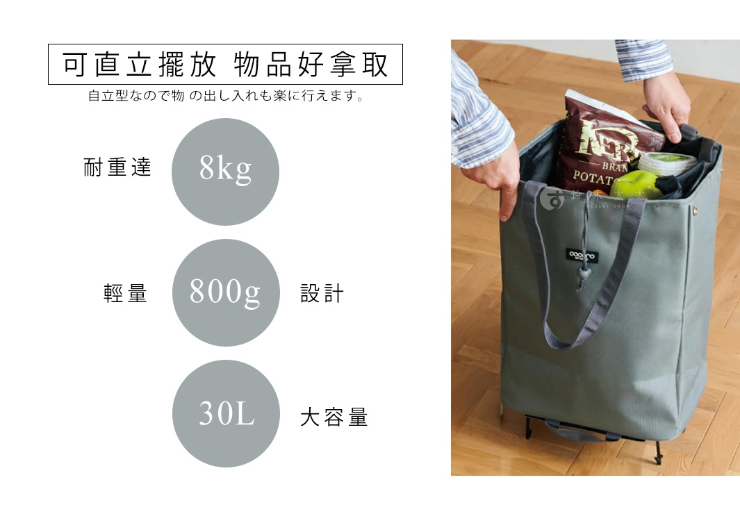 8kg

800g

30L

輕量                   設計                     大容量

耐重達

可直立擺放
物品好拿取
