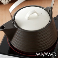 IH系列陶土茶壺，容量2公升，呈現深棕色帶有橫向紋理的陶土壺身，搭配白色圓形壺蓋和同色系的壺嘴，以及金屬提把。