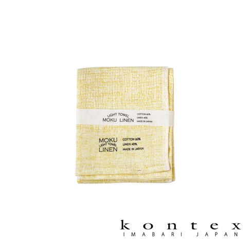 MOKU LINEN 輕薄速乾棉麻拭巾，採用淡黃色，織紋細緻，材質為棉 60%、麻 40%，標籤標示為「LIGHT TOWEL MOKU LINEN MADE IN JAPAN」。