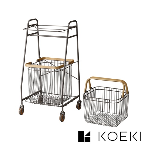 Mash移動式雙層分類洗衣置物籃，由灰色金屬線條構成，配有木質提把。此為白色背景圖，展示了置物籃的結構和獨立的洗衣籃。