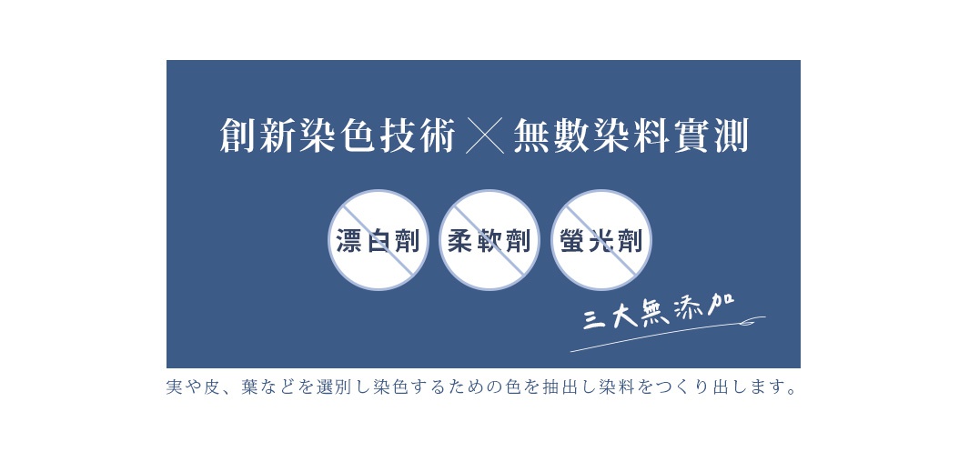 創新染色技術 x 無數染料實測

漂白劑

柔軟劑

螢光劑

三大無添加

実や皮、葉などを選別し染色するための色を抽出し染料をつくり出します。
