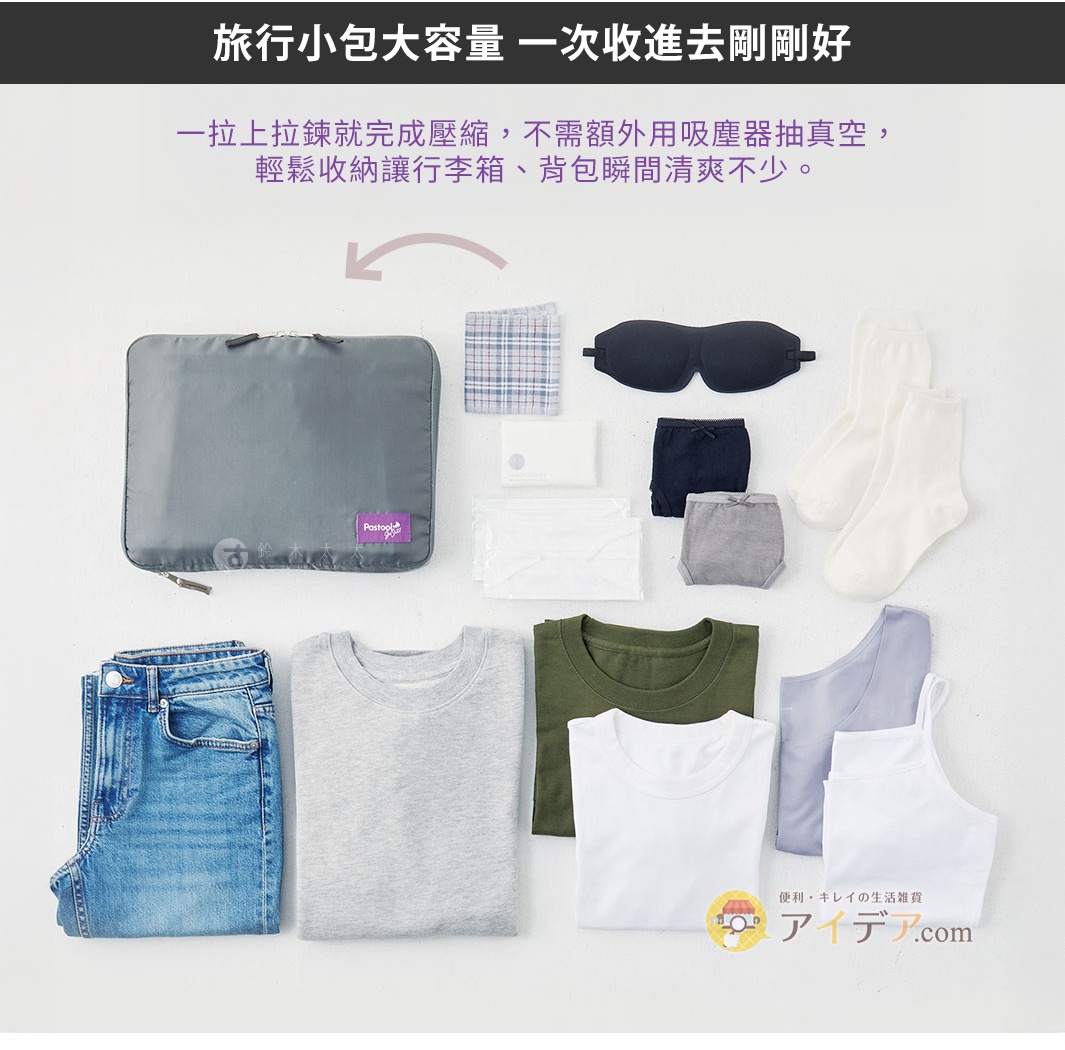 旅行小包大容量 一次收進去剛剛好
一拉上拉鍊就完成壓縮，不需額外用吸塵器抽真空，
輕鬆收納讓行李箱、背包瞬間清爽不少。
