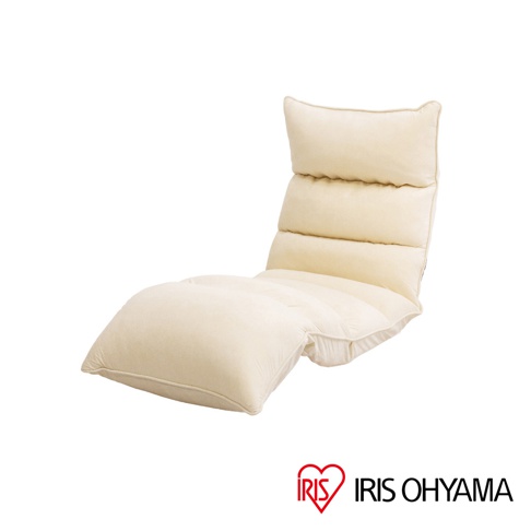 奶油色多段式紓壓單人沙發床，布面材質，可調整傾斜角度，適合單人使用，底部有支撐結構。