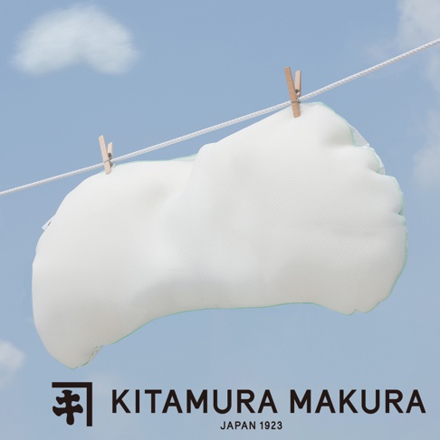 白色網狀材質的豌豆枕，帶有淺綠色滾邊，由木夾固定在繩子上，背景為藍天白雲。