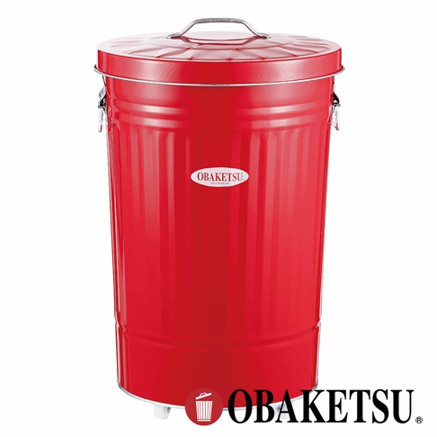 OBAKETSU 經典紅色手工製附輪垃圾桶，採用鍍鋅鋼板材質，頂部有提把，附有同色系金屬蓋子。