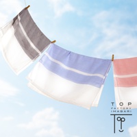 今治四層紗枕套，三款顏色：灰色、藍色、粉紅色，均有白色底與兩條白色條紋。枕套懸掛在藍天白雲下，由木夾固定。