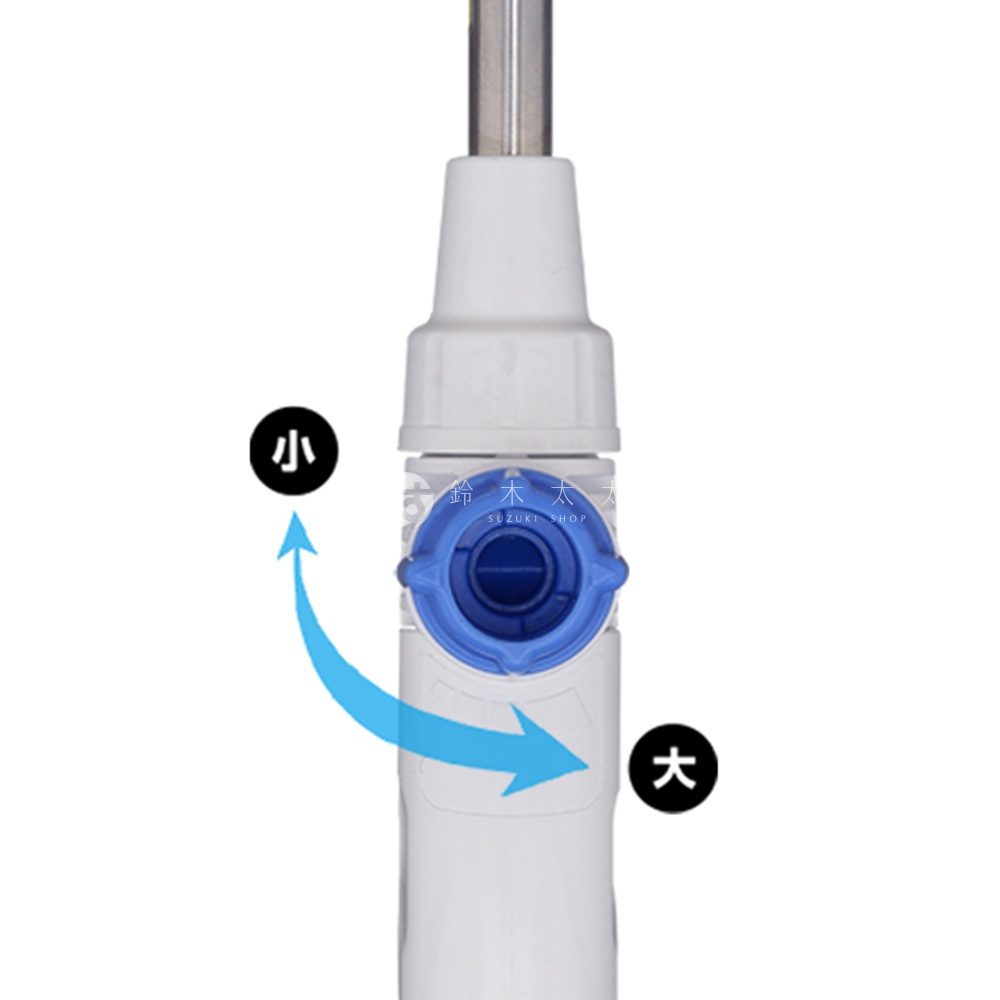 白色塑膠灑水噴嘴，帶有藍色可調節閥門，上方有「小」字指示，下方有箭頭指向「大」字標示。