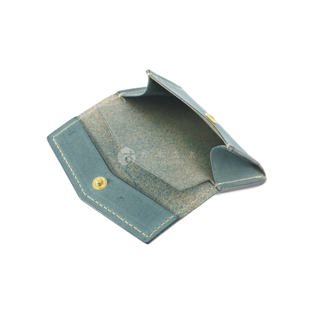 北海道KASANE 職人手作義大利Texas皮革迷你雙折短夾，藍色皮革，內部細節，黃銅釦