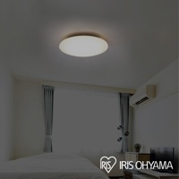 LED可調光調色圓盤吸頂燈，圓形白色燈罩，安裝於天花板。房間內有床、灰色窗簾、空調及電視櫃。