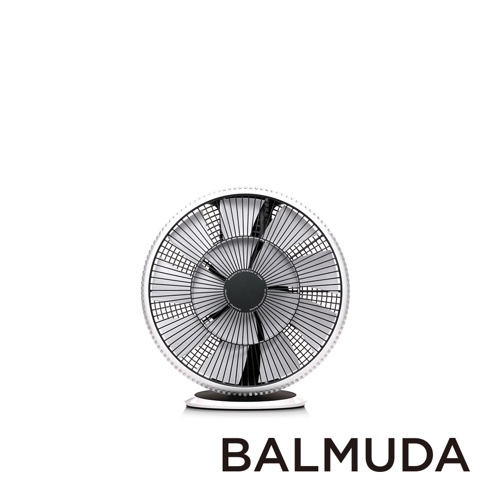白色 BALMUDA GreenFan Cirq 循環扇，配有黑色扇葉和網罩，置於白色背景上。