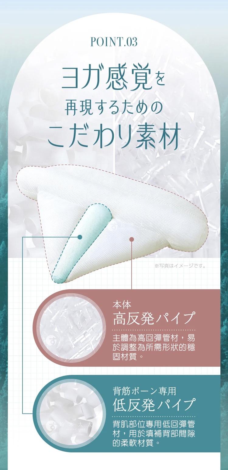 05 こだわりの素材

主體為高回彈管材， 
易於調整為所需形狀的穩固材質。



背肌部位專用低回彈
管材，用於填補背部間隙的柔軟材質。


