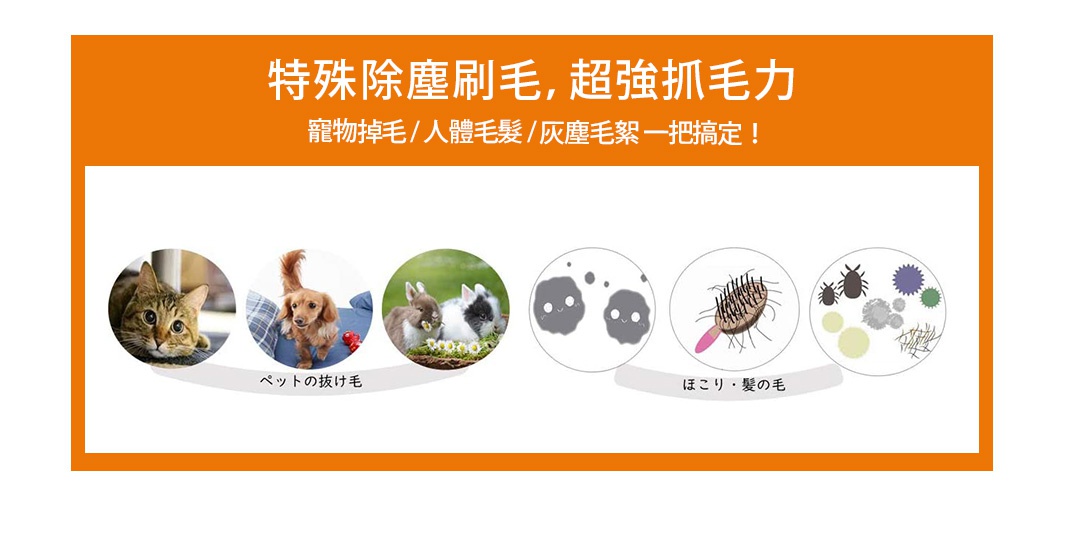 圓形圖示展示了寵物（貓、狗、兔子）、灰塵絨毛、毛刷上的毛髮及塵螨等，標示產品的清潔能力。