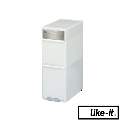 白色雙層分類垃圾桶，約35公升容量，有腳踏板設計，頂部有金屬飾板，整體為簡約直立式塑膠材質。