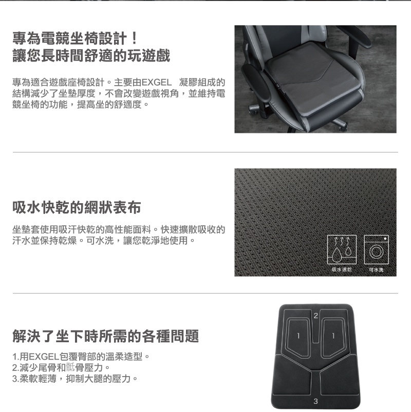 黑色電競椅坐墊，表面為網狀織物材質，中間有淺灰色邊框，用於提供長時間遊戲的舒適度。