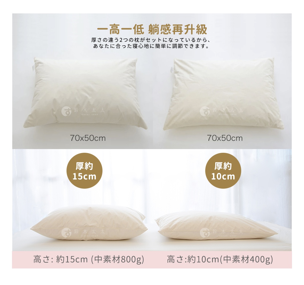 一高一低    躺感再升級

厚約15cm

厚約10cm

厚さの違う2つの枕がセットになっているから、あなたに合った寝心地に簡単に調節できます。
