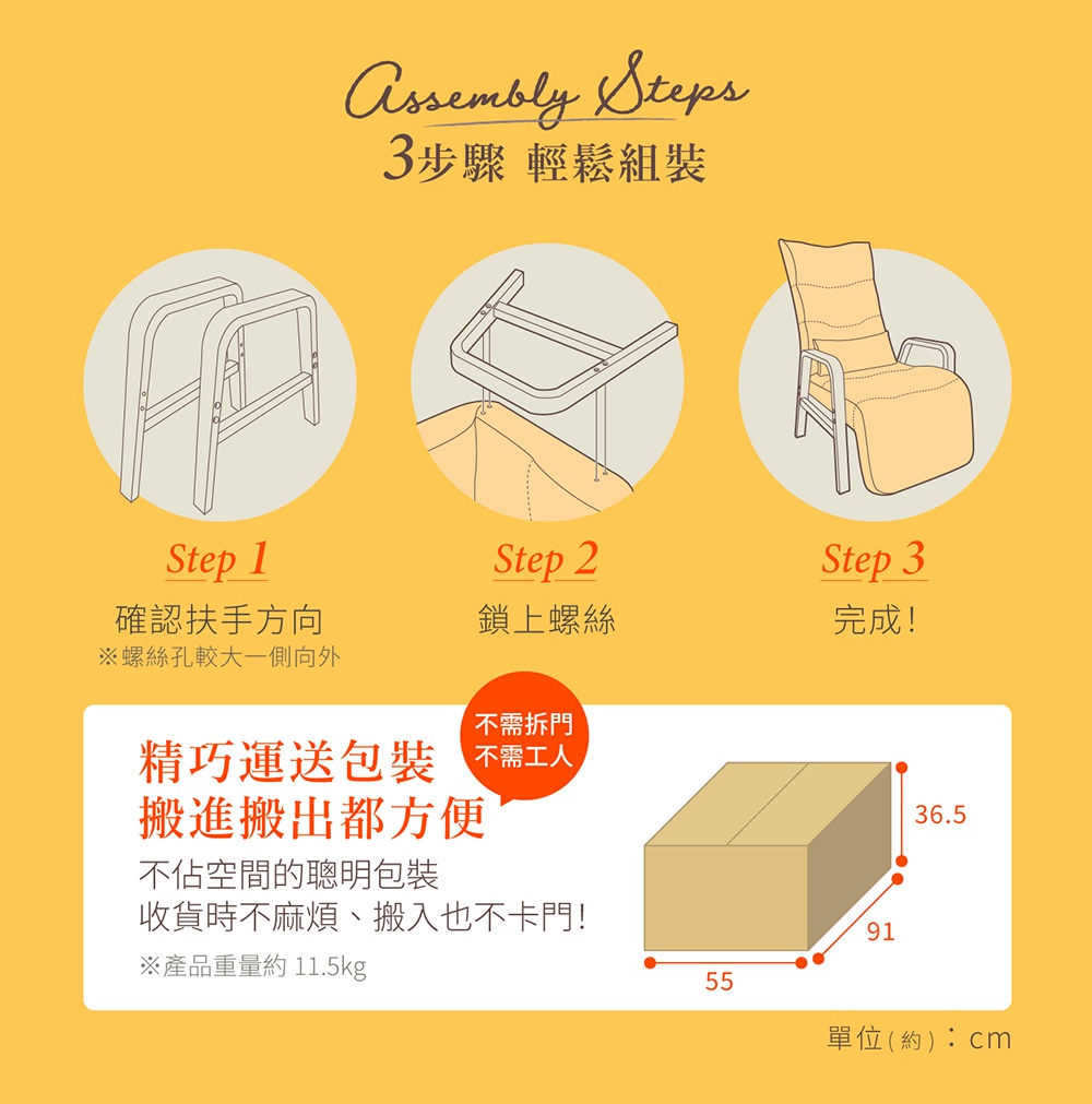 木質扶手多段調節躺椅組裝說明，包含扶手方向確認、鎖上螺絲及完成三個步驟圖示，另有產品包裝尺寸標示。