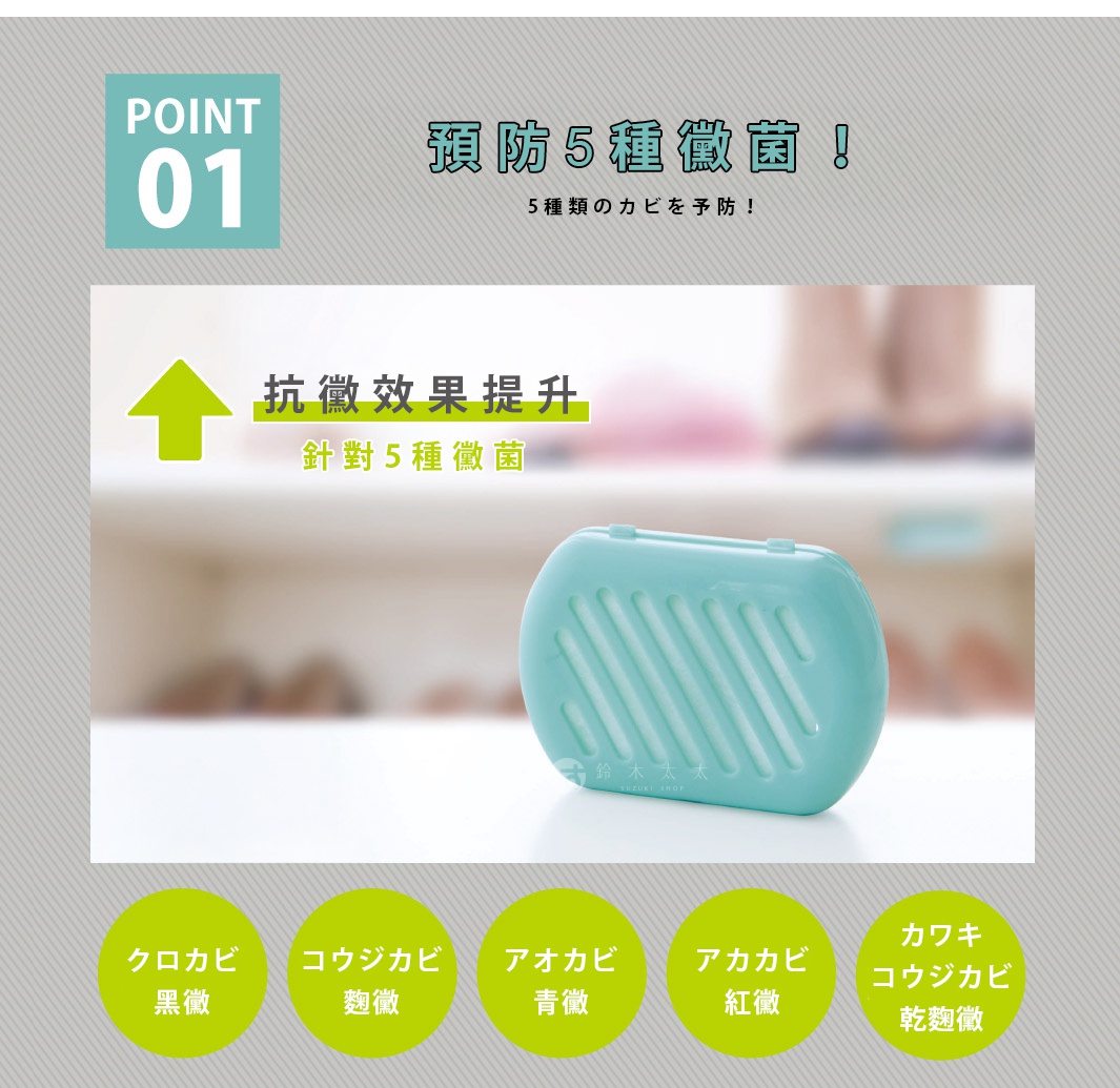 COGIT POWER BIO 鞋櫃用防霉貼片盒，可預防五種黴菌，提升抗菌效果，有效對抗黑黴、黃黴、青黴、紅黴及乾麴黴。