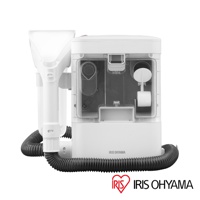 白色寬頭版織物清潔機，具有透明水箱，配有黑色波紋軟管和白色清潔噴嘴。