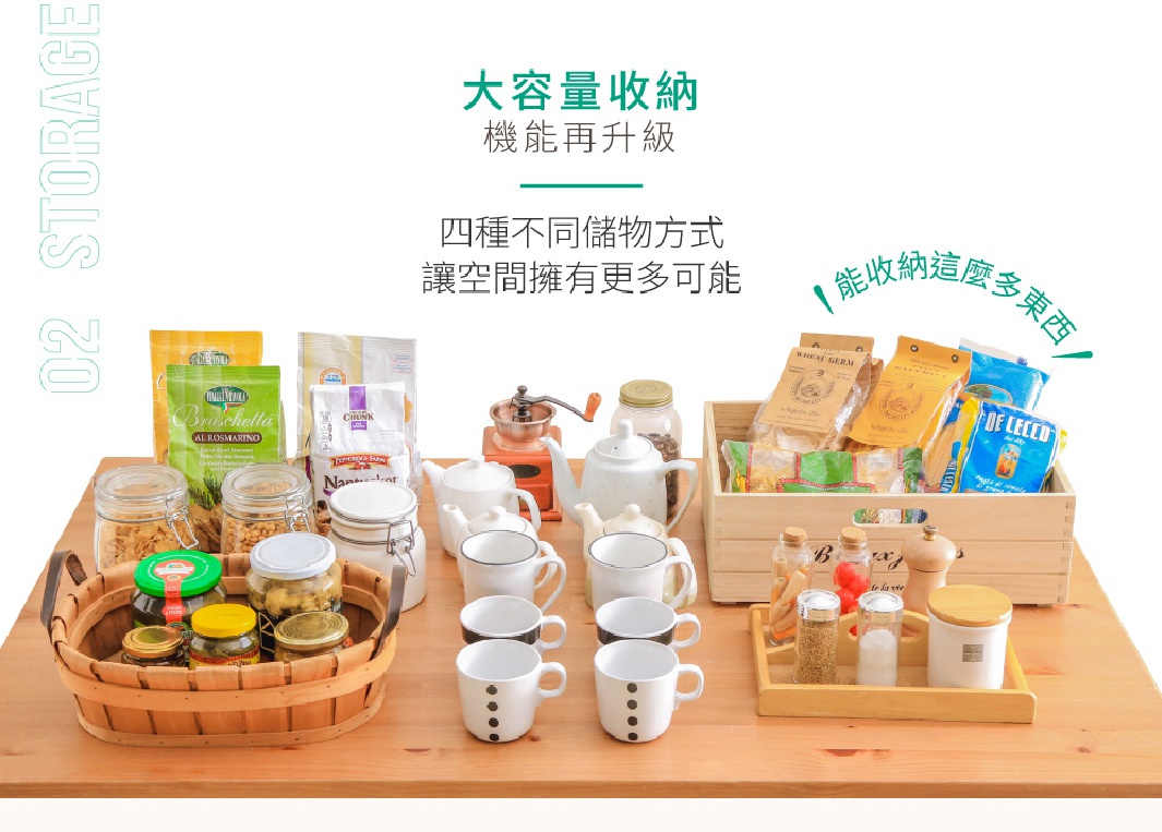 木質置物籃內有數個玻璃罐裝食品，籃外有白瓷茶壺、咖啡研磨機、白色馬克杯、調味罐及木質收納盒，盒內裝有食品包裝。