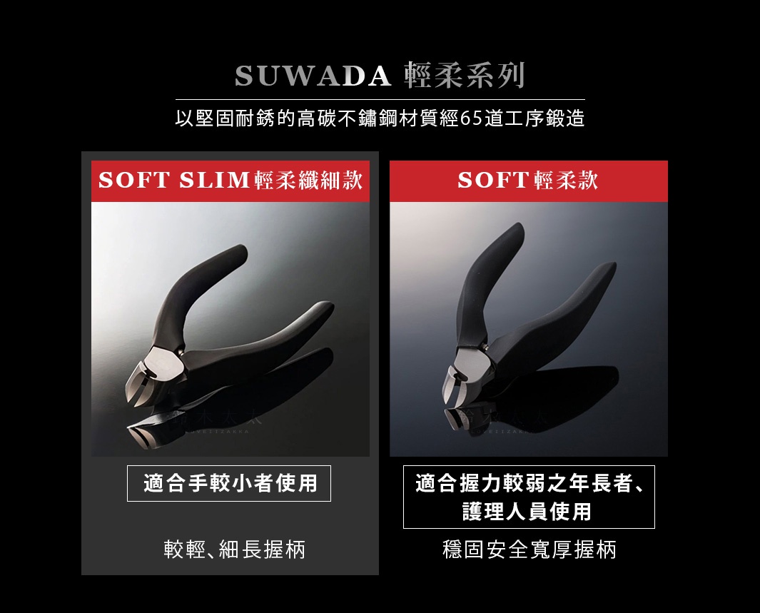 兩款日本職人指甲剪，左側為「SOFT SLIM 輕柔纖細款」，黑色握柄，適合手較小者使用，特點為輕巧、細長握柄；右側為「SOFT 輕柔款」，黑色握柄，適合握力較弱之長者、護理人員使用，特點為穩固安全、寬厚握柄。兩款皆為金屬材質，剪刀頭為銀色。