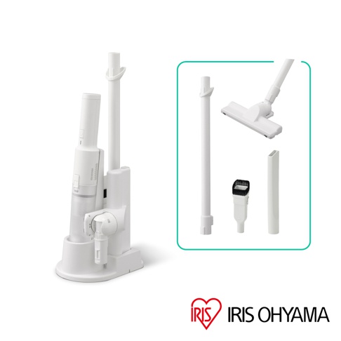 白色超輕量多合一手持無線吸塵器 HCD-22MW，包含主機、充電座、延長管、地板吸頭、縫隙吸頭及小毛刷吸頭。