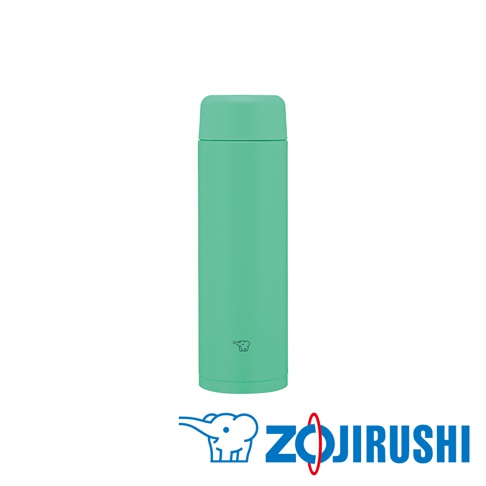 一款薄荷綠色的0.35L不鏽鋼真空保溫保冷杯，採用一體式中栓旋蓋設計，杯身光滑，頂部有同色系的杯蓋，杯身印有品牌象形標誌。