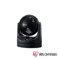 黑色迷你型空氣循環扇，扇網有「IRIS OHYAMA」標誌，下方有黑色旋鈕式風速與擺頭開關，底座為圓形。