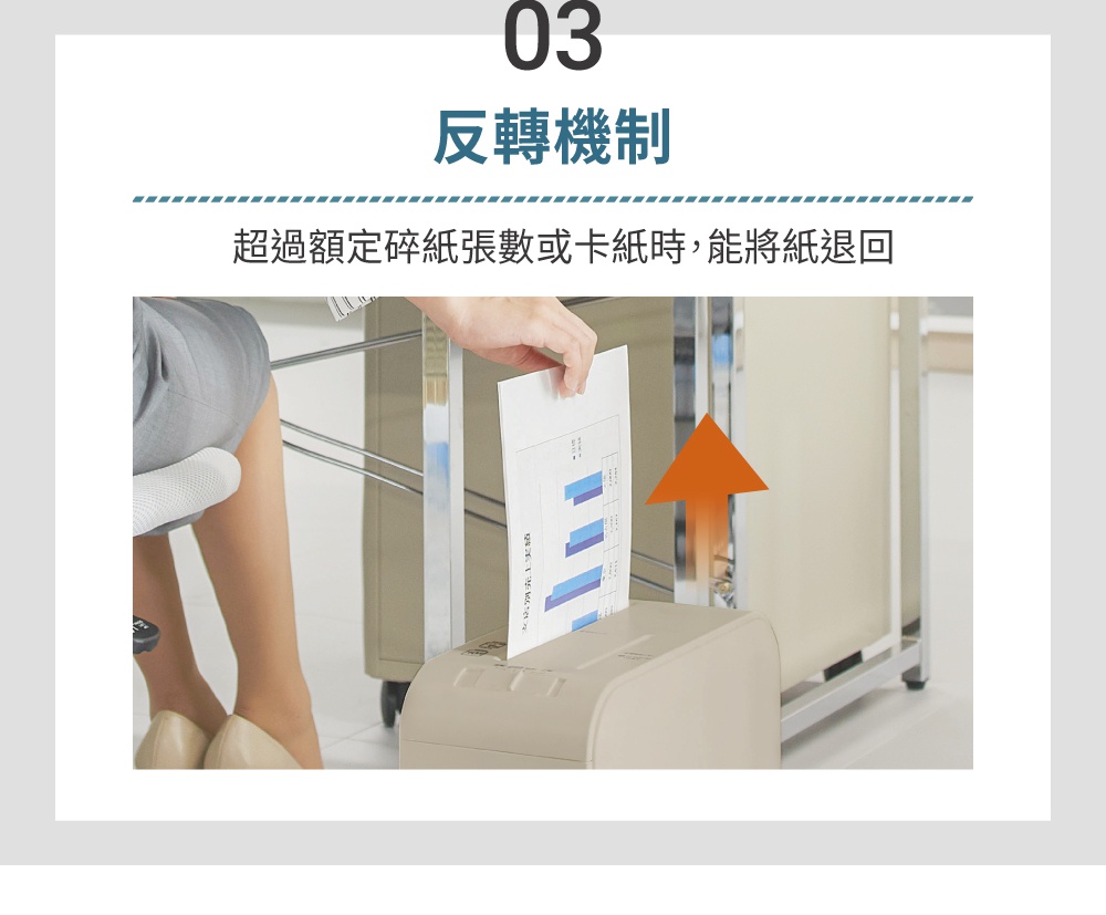 反轉機制，超過額定碎紙張數或卡紙時，能將紙退回