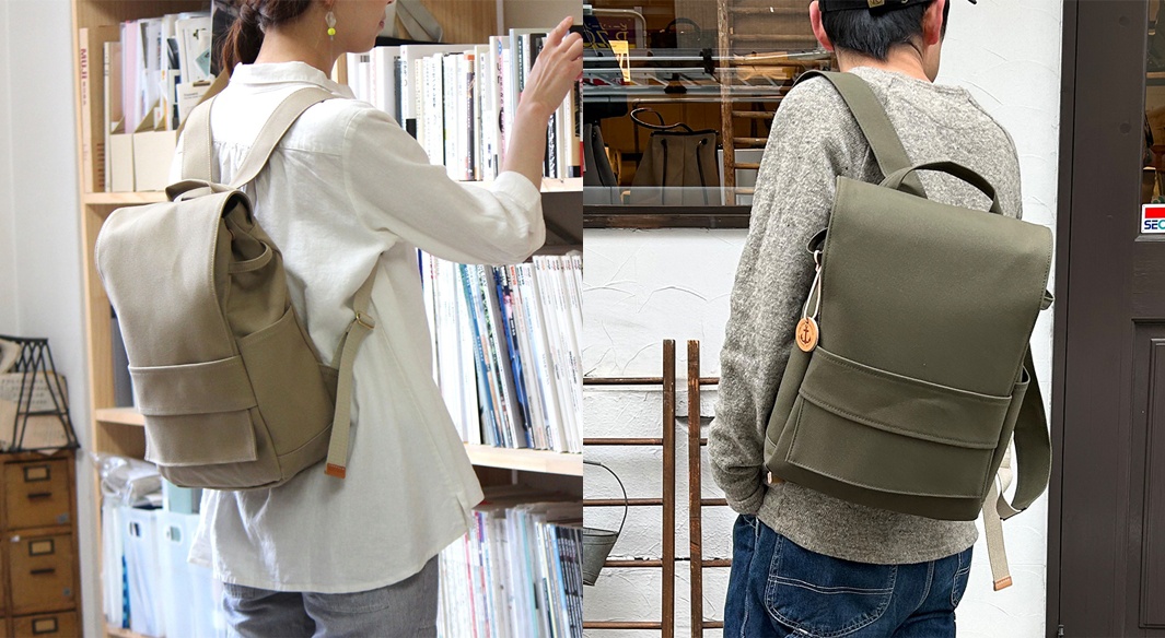 loiter高島帆布前蓋式背包，一款為卡其色，另一款為軍綠色，皆為帆布材質，設計簡約，前有磁吸式翻蓋與口袋，適合日常攜帶。