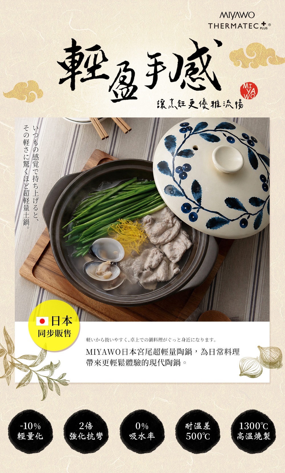 圖片文字：MIYAWO THERMATEC PLUS 輕盈手感 讓烹飪更優雅流暢 日本同步販售 輕から扱いやすく、卓上での鍋料理がぐっと身近になります MIYAWO日本宮尾超輕量陶鍋 為日常料理帶來更輕鬆體驗的現代陶鍋 輕量化 強化抗彎 吸水率 耐溫差 高溫燒製