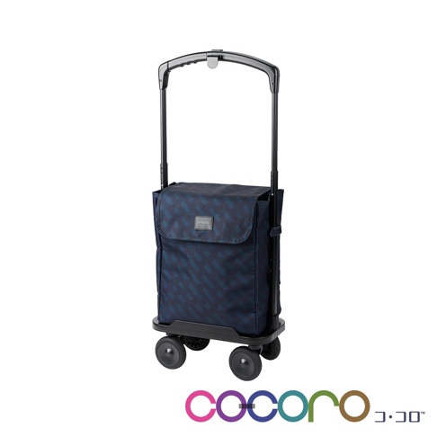 深藍色幾何圖案設計的 COCORO 四輪摺疊購物車，主體為具備保溫保冷功能的 19 公升購物袋，配有黑色輕量化支架、人體工學手把及四顆耐磨滾輪，底部標有品牌名稱。