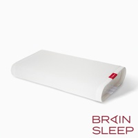 白色網狀材質的腦眠科技枕，有紅色品牌標籤，枕套兩側有魔鬼氈固定。