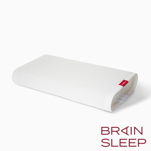 白色網狀材質的腦眠科技枕，有紅色品牌標籤，枕套兩側有魔鬼氈固定。