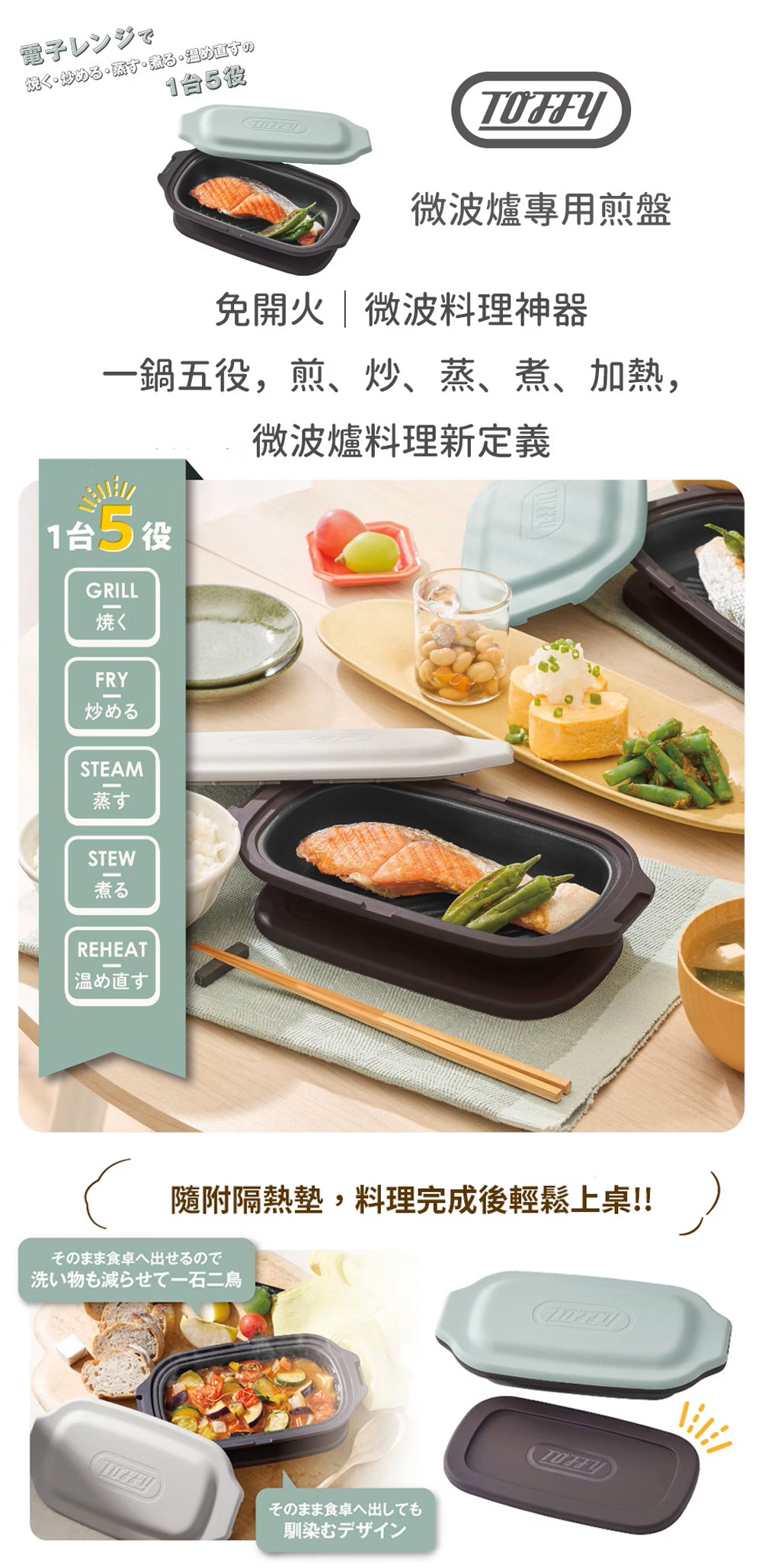 圖片文字：電子レンジで焼く・炒める・蒸す・煮る・温め直すの1台5役。Toffy微波爐專用煎盤，免開火微波料理神器，一鍋五役，煎、炒、蒸、煮、加熱，微波爐料理新定義。1台5役包含GRILL燒く、FRY炒める、STEAM蒸す、STEW煮る、REHEAT温め直す。隨附隔熱墊，料理完成後輕鬆上桌，そのまま食卓へ出せるので洗い物も減らせて一石二鳥。そのまま食卓へ出しても馴染むデザイン。
