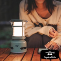 一個淺綠色的神燈造型音箱，頂部有金屬提把和透明燈罩，內有柔和的白色燈光，下方音箱側面有兩個長方形開孔，印有神燈圖案。